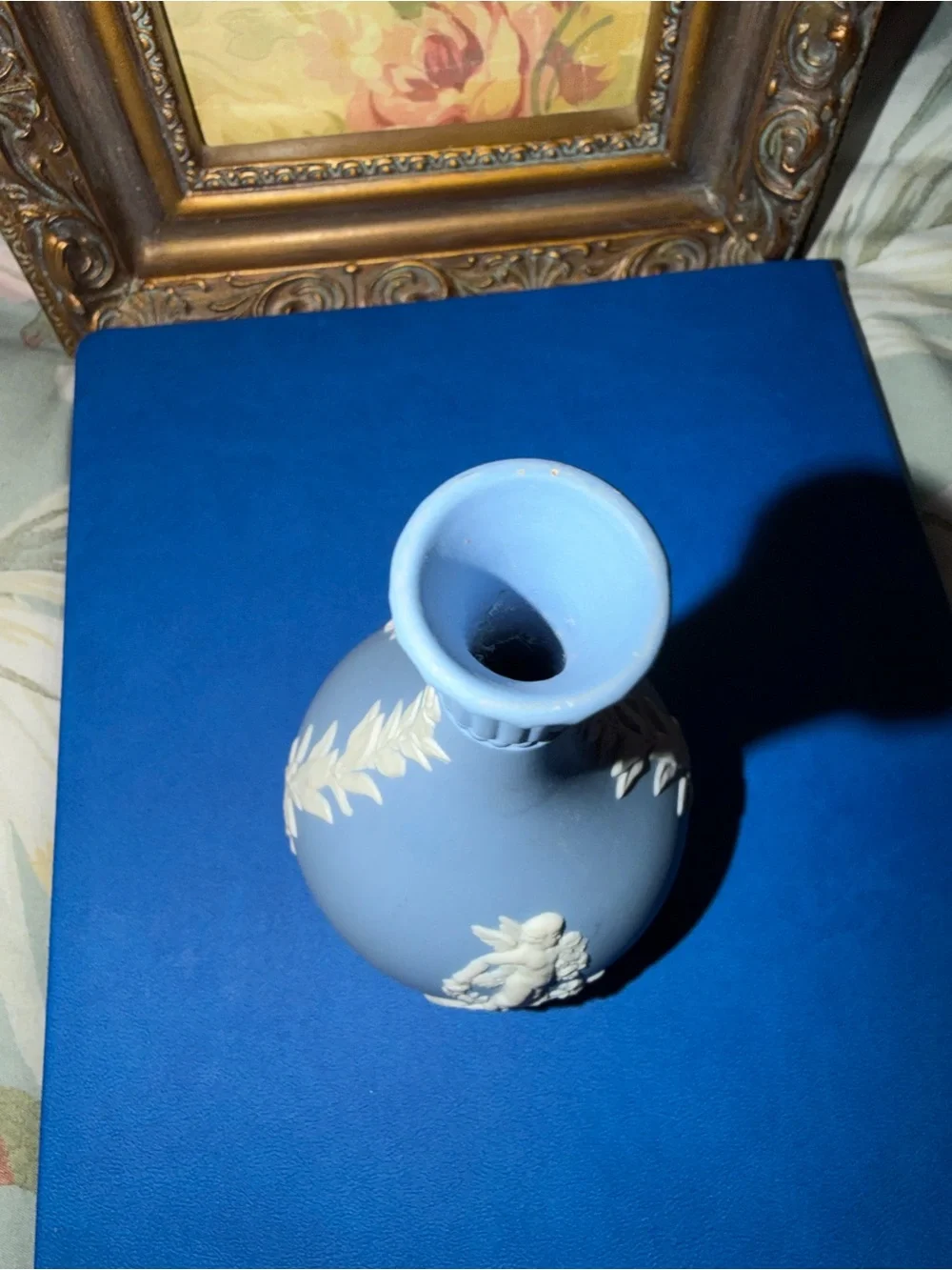 Vintage Wedgwood Blue Jasperware Cherub Bud Vase - 5.25